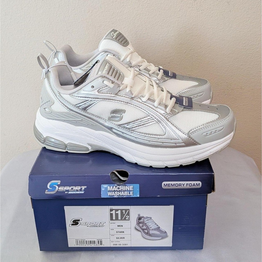 New Skechers S Sport Men's Stark Memory Foam Sneakers Shoes White Silver 11.5